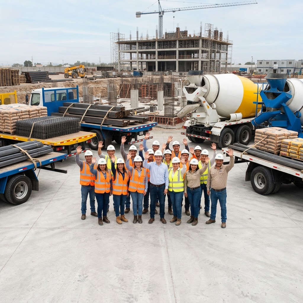 Equipo de PERBEC con casco y chaleco frente a camiones cargados de acero, cemento y ollas de concreto en una obra