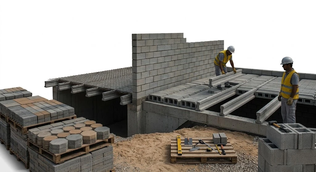 Obra con muro de block, losa de vigueta y bovedilla, y tarimas de adoquín de concreto